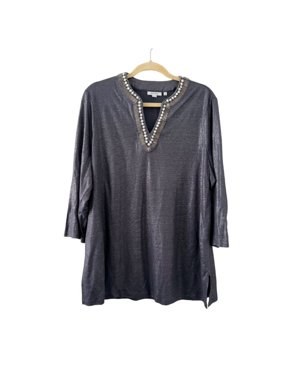 Chicos  Metallic Tunic Top With Embellished V-Neckline & 3/4 Sleeves  Size XL Bl
